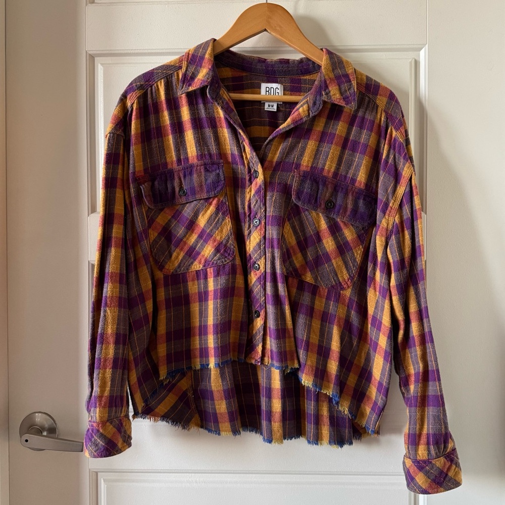 BDG Rayne Flannel Boxy Cropped Button-down in Yellow Multi Size Medium